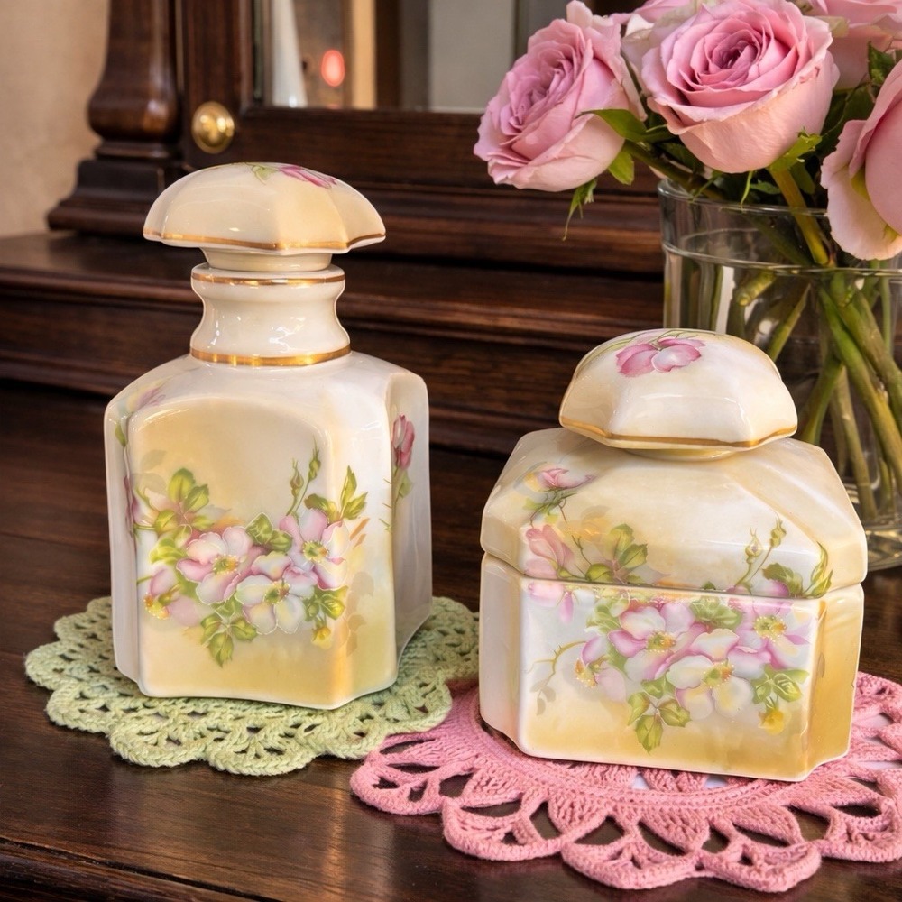 VTG Nippon Hand Painted Porcelain Vanity Set Powder Jar & Perfume Bottle